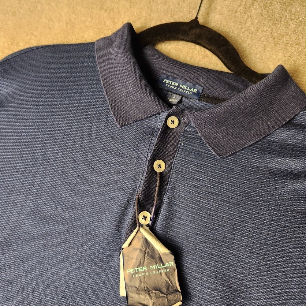 Peter Millar Polo Shirt Men Large Navy Blue Crown Crafted Texture Knit Short Slv